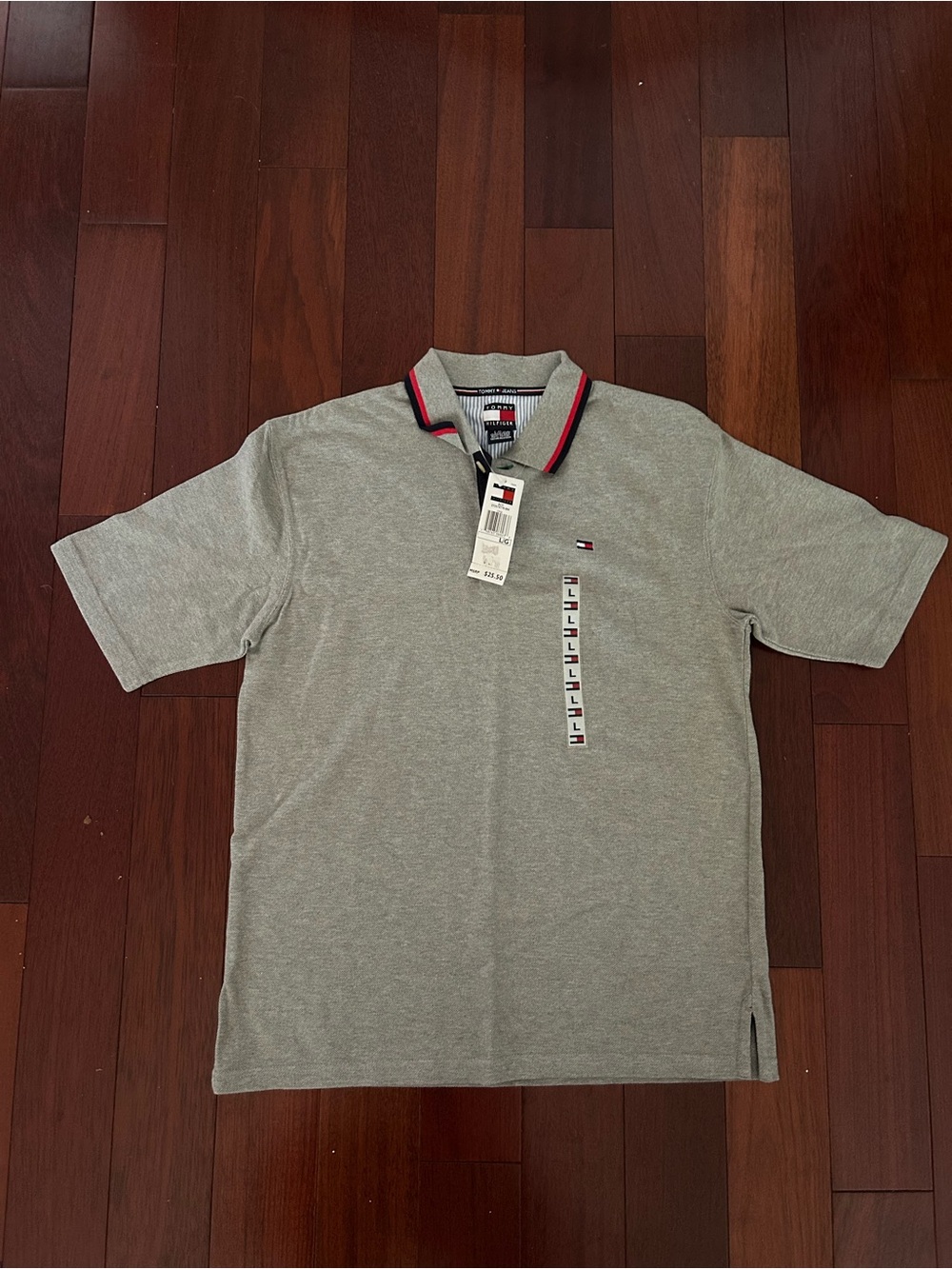 NWT Vintage Y2K Tommy Hilfiger Grey Polo with Navy & Red Trim Boys Large